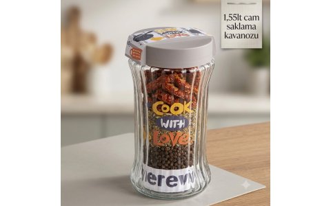 HEREVIN 1,55LT SÜTUN ÇIZGILI CAM KAVANOZ(COOK WITH LOVE SARI SIYAH 