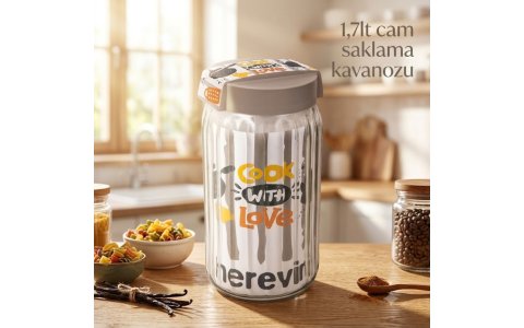 HEREVIN 1,7LT SÜTUN ÇIZGILI CAM KAVANOZ(COOK WITH LOVE)***6