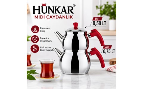 HÜNKAR ➡️MIDI⬅️ ELMA SEK KULPLU ÇAYDANLIK ➡️0,50LT+0,75LT⬅️***8