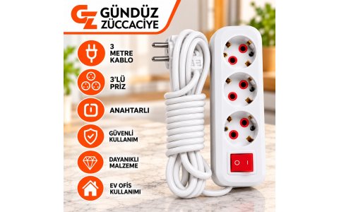 ASEL ➡️ANAHTARLI 3LÜ••3MT⬅️ UZATMA KABLOLU PRIZ**25