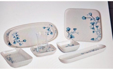 IPEK PORSELEN *VRN29KHT-ANMO*29 PARÇA MAVI ÇIÇEKLI KARE KAHVALTI TAKIMI***1